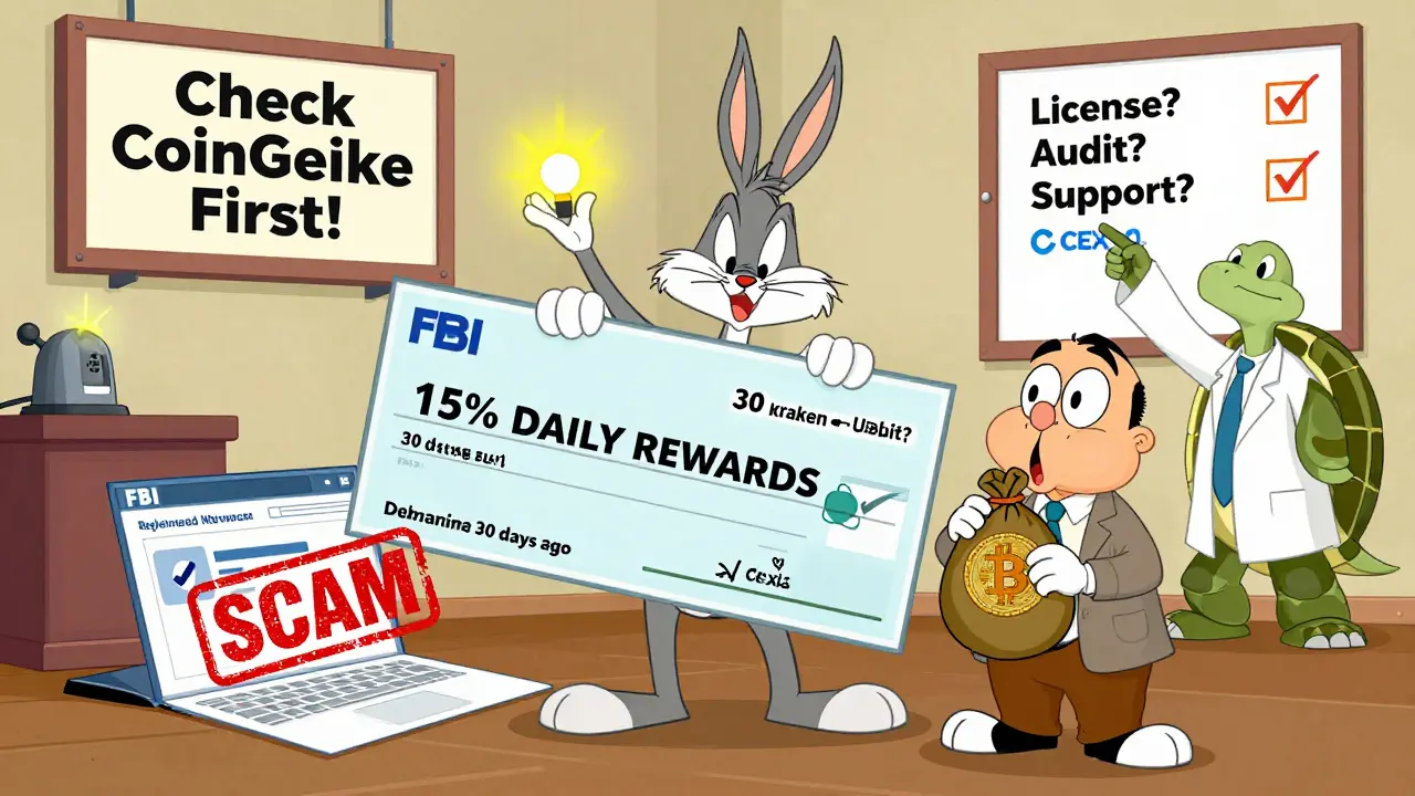 A gullible investor reaches for a fake high-reward check as a giant 'SCAM' stamp falls, with a turtle pointing to a safety checklist.