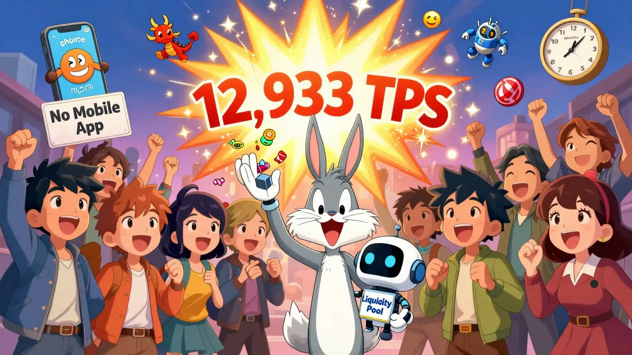 A joyful crowd celebrates high-speed trading with $ANIME tokens, while a broken phone hints at no mobile app.