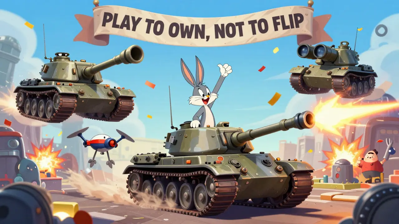 A player rides a battle-scarred tank atop a captured base, with three distinct tank types floating around as confetti explodes in the sky.