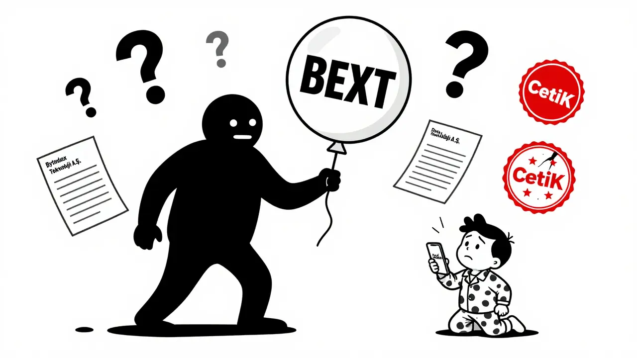 A shadowy company figure holding a deflating BEXT token balloon, surrounded by question marks and broken audit seals.