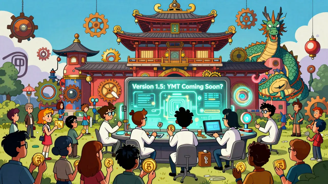 A steampunk Japanese temple run by quirky devs, with a giant ETH dragon sleeping under it as users hold CJPY tokens.