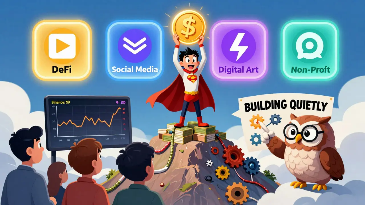 A tiny hero holds a CORA token above a mountain of crypto, with four NFT category portals glowing behind them.