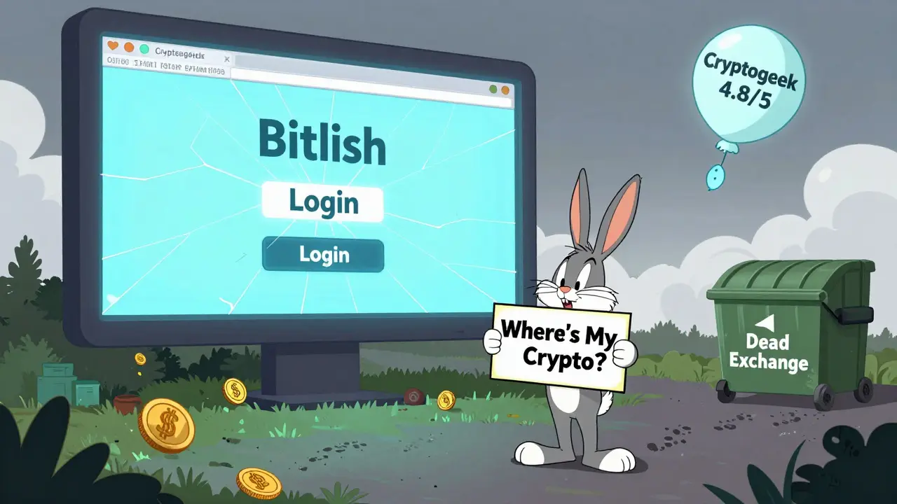 Abandoned Bitlish website with a user holding a 'Where's My Crypto?' sign surrounded by ghostly coins.