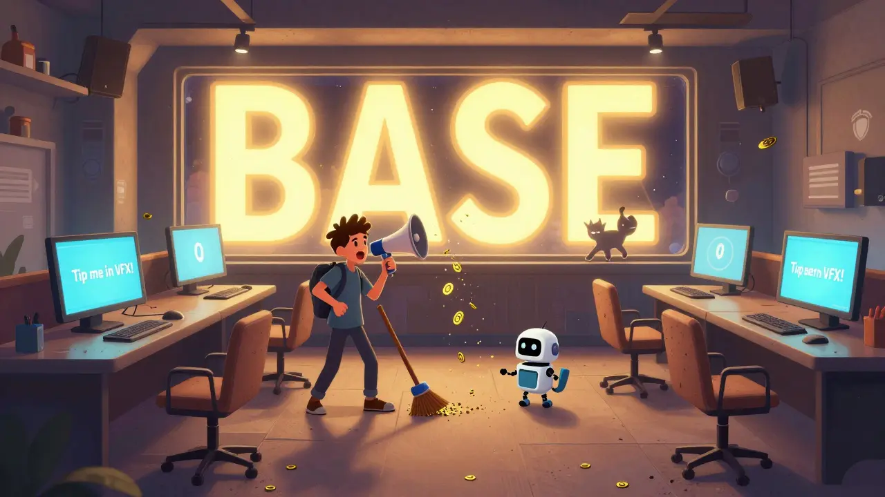 An empty Vabble platform lounge with a lonely creator shouting as VFX tokens turn to dust in cartoon style.