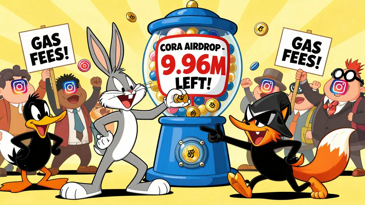 Bugs Bunny and Daffy Duck racing to claim CORA tokens from a giant dispenser amid a crowd of quirky characters.