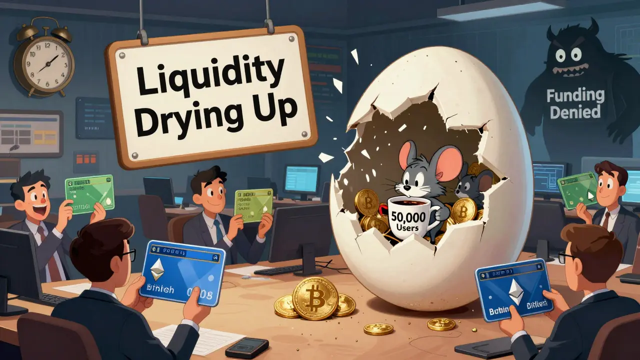 Chaotic trading floor with drying liquidity and a tiny team trying to refill it while a funding monster looms.