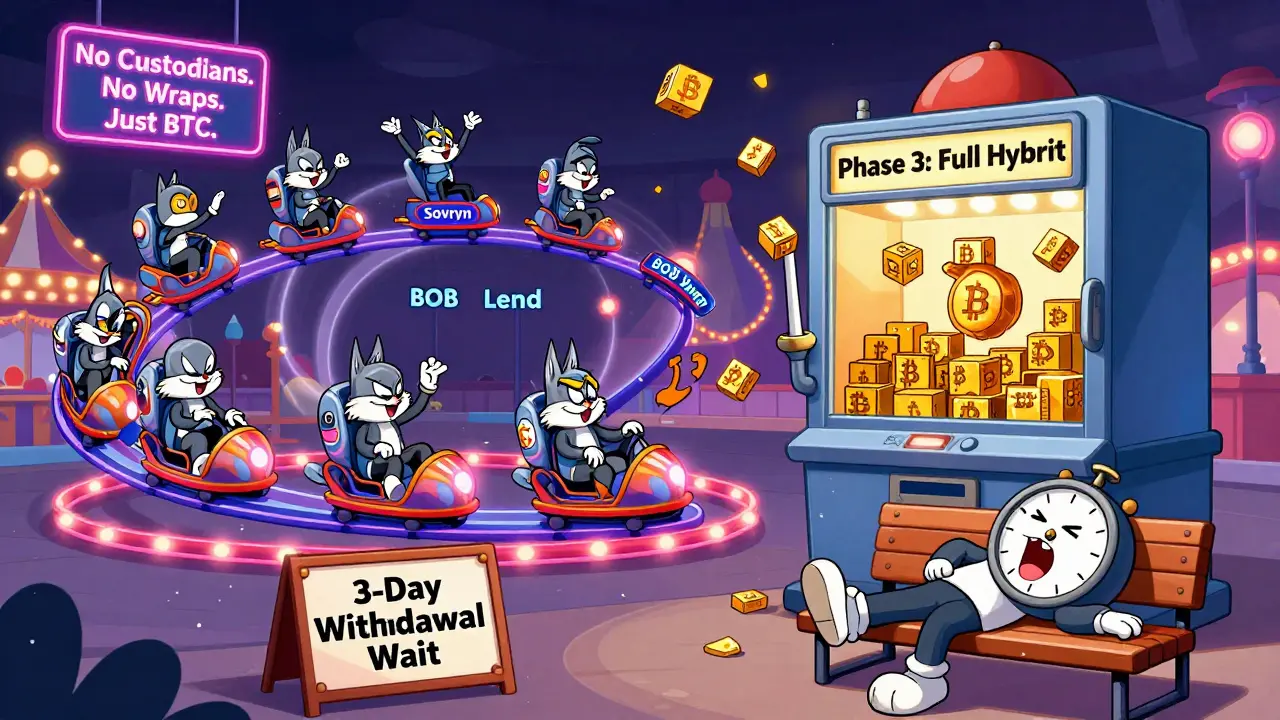 DeFi carnival with Bitcoin rides, Phase 3 slot machine, and 3-day withdrawal sign.