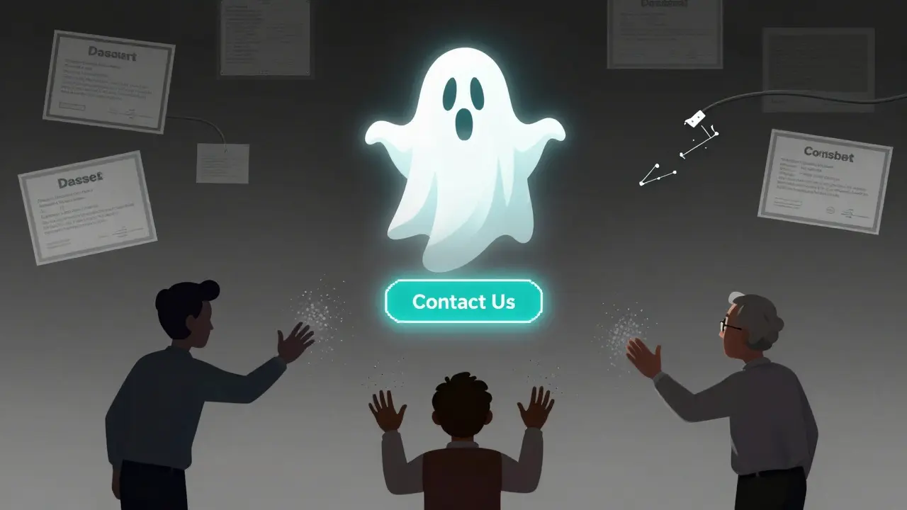 Ghostly Dasset logo fading away as users reach out helplessly in a cartoonish digital void.