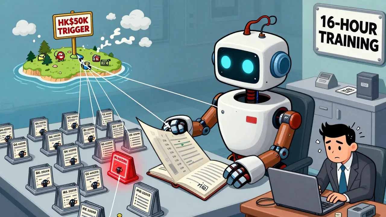 Giant AI robot scanning bank accounts with blockchain smoke trails leading to Hong Kong.