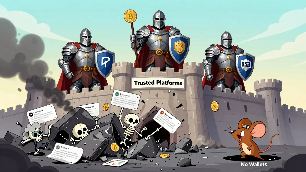 Heroic regulated exchanges stand on a hill while a crumbling fake exchange collapses with bot reviews falling out.