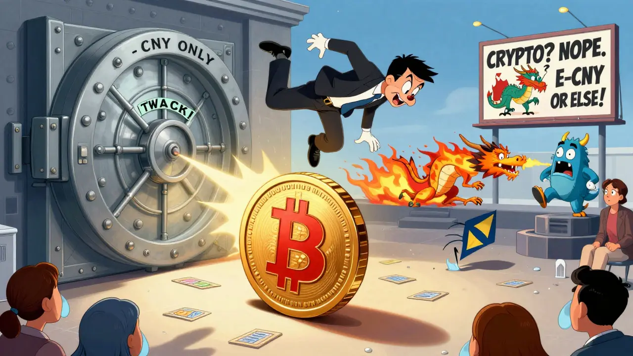 Man launched into air by vault trap as digital yuan rises, freezing accounts below.