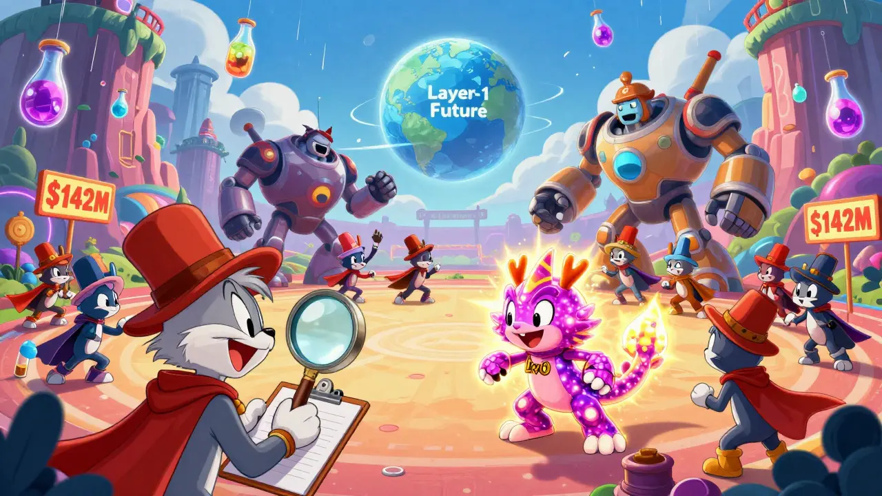 Metamon warriors battling in the Lost World arena with potions raining down and evolving creatures.