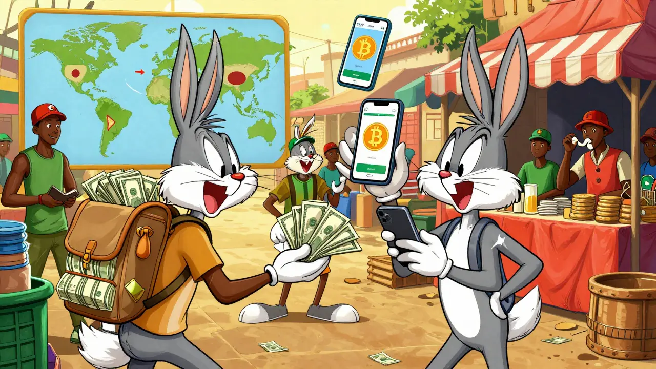 Nigerians exchanging Bitcoin for cash and mobile money in vibrant marketplace.