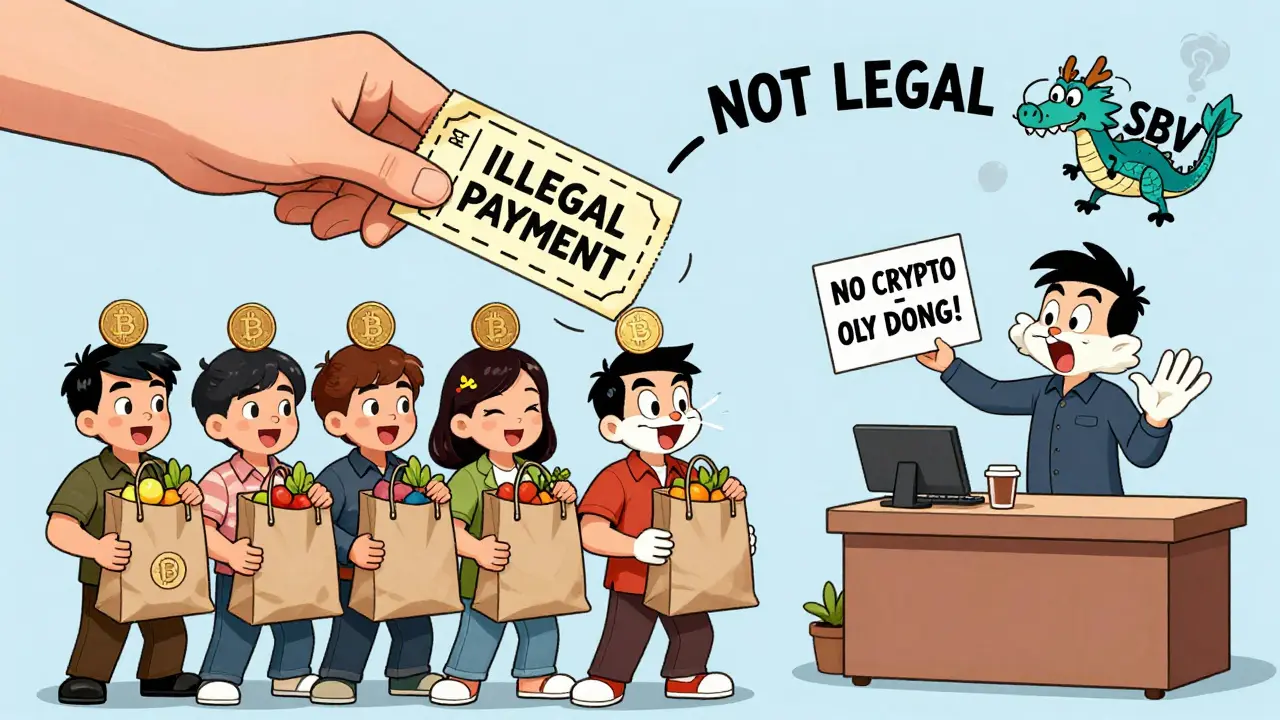 People trying to pay with crypto get hit by a giant fine ticket while a vendor refuses crypto in a colorful street scene.