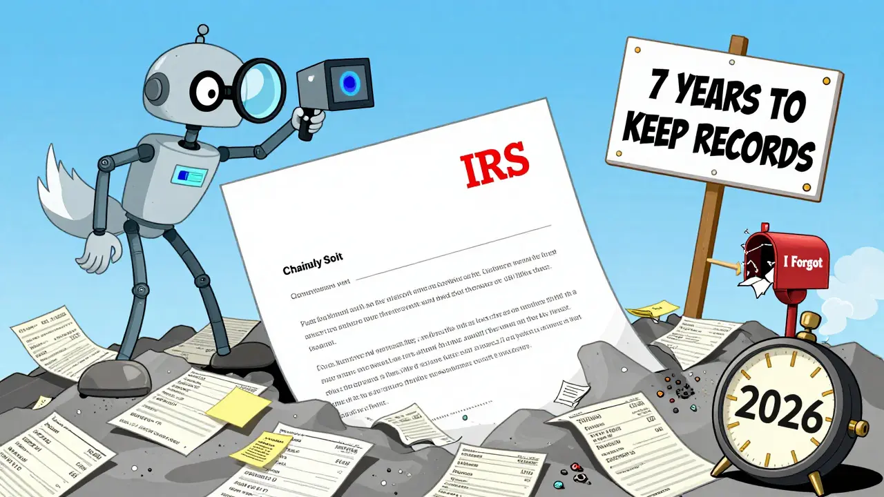 Person buried under tax papers as IRS letter looms, Chainalysis robot watching