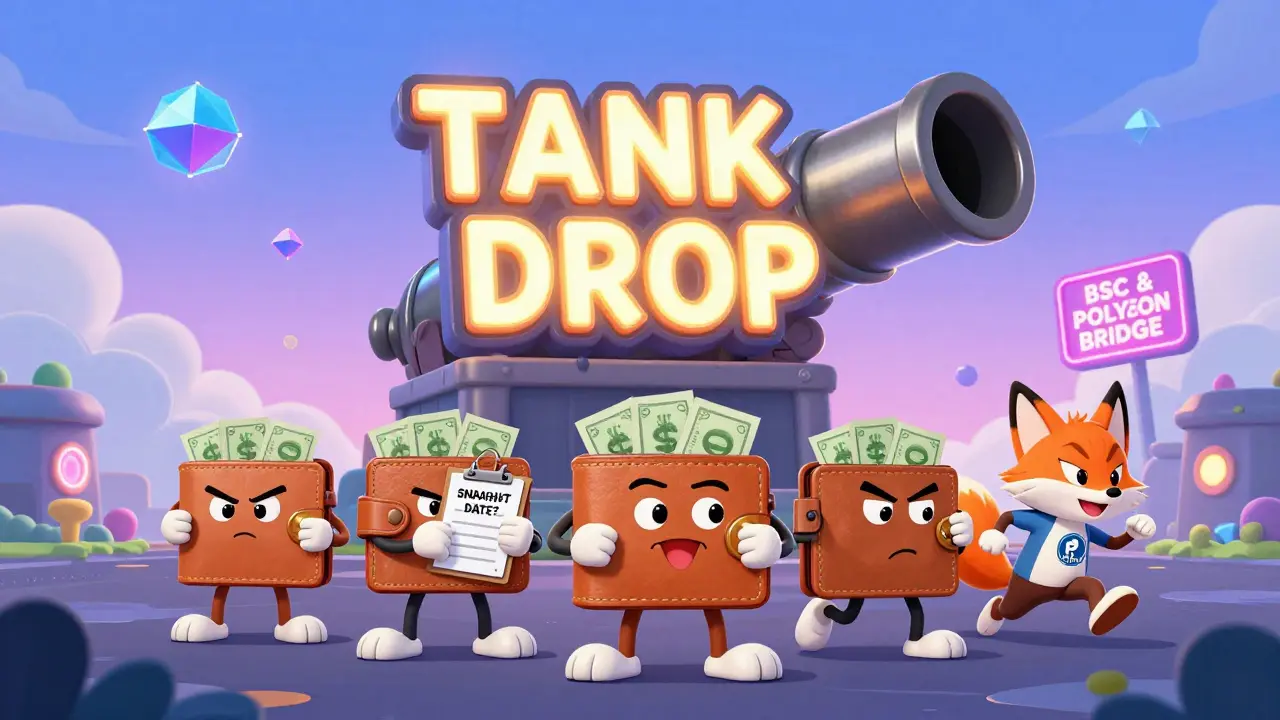 Quirky cartoon wallets line up before a cannon-shaped 'TANK DROP' sign, one being chased by a fox in a fake logo hat.