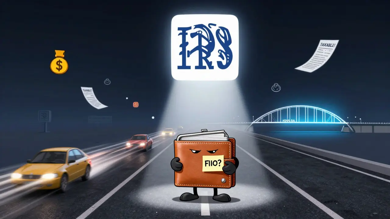 Tiny wallet on blockchain highway under IRS spotlight, with taxable events flying by