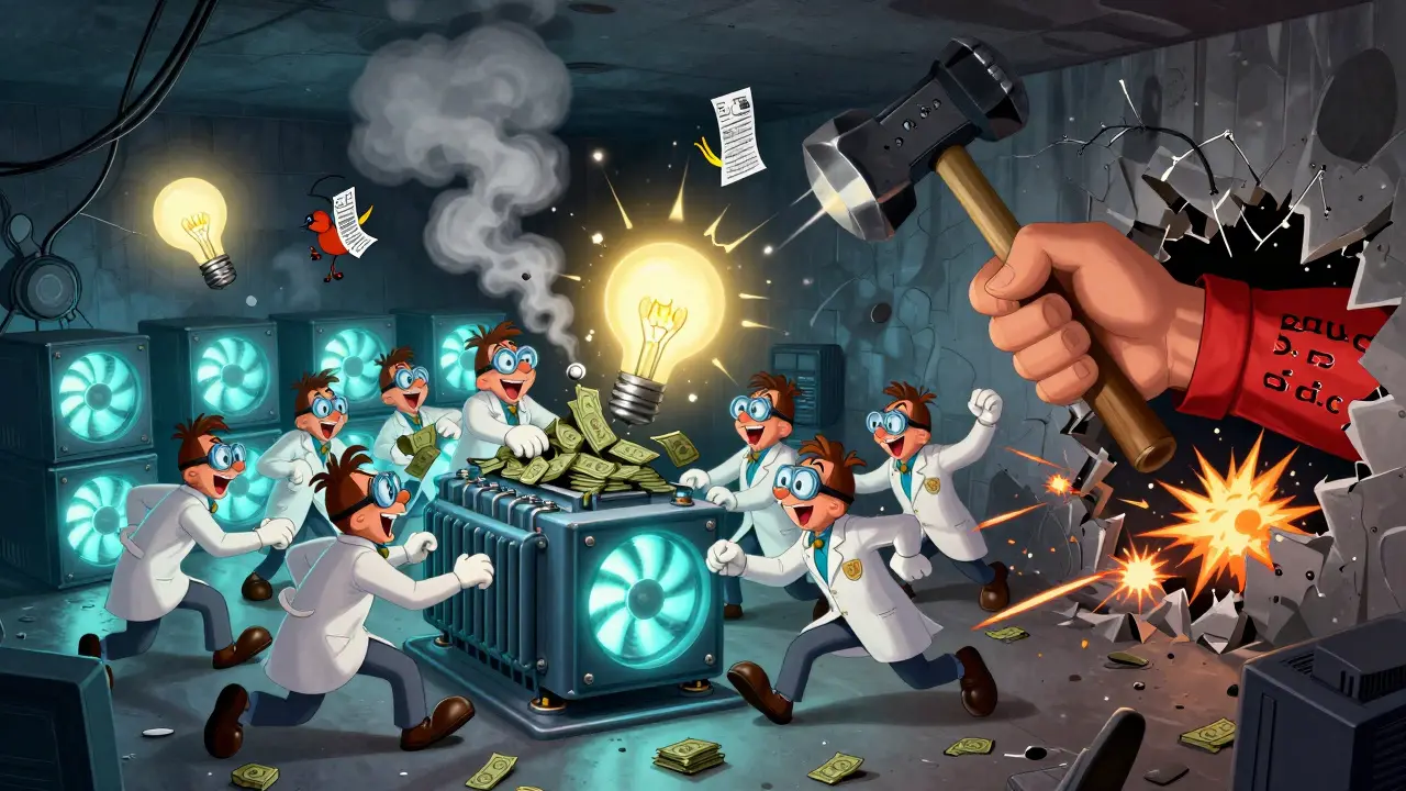 Underground miners shoveling cash into a transformer as a giant hand smashes through the wall.