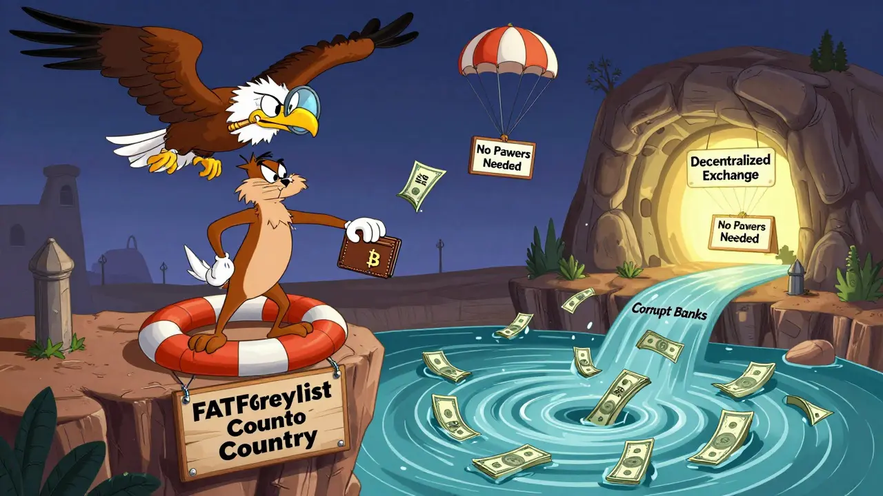 Wile E. Coyote holding a Bitcoin wallet as a life raft above a river of failing fiat banks.