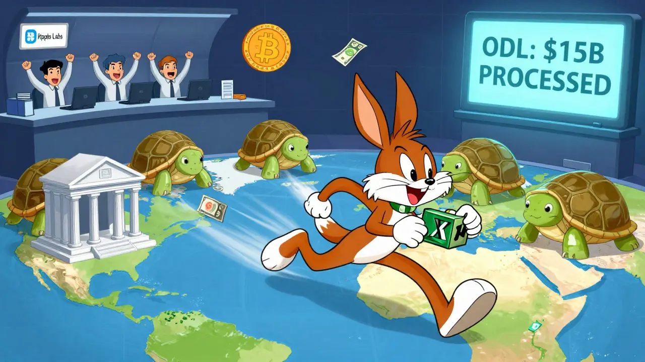 XRP as a cartoon coyote rapidly converts currencies between banks worldwide while Bitcoin and Ethereum crawl behind.