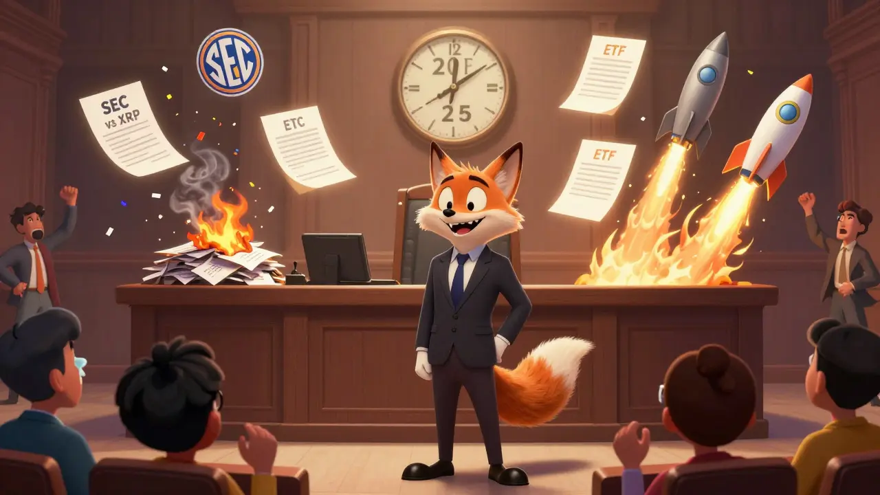 XRP the fox wins a courtroom battle as SEC files burn and six ETF rockets hover above, ready to launch.