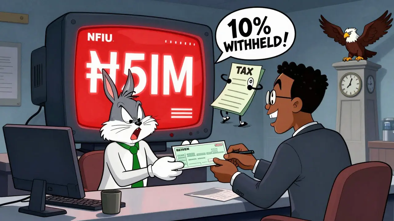 A bank teller serves a crypto CEO while a tax invoice yells and an NFIU alert glows red in cartoon style.