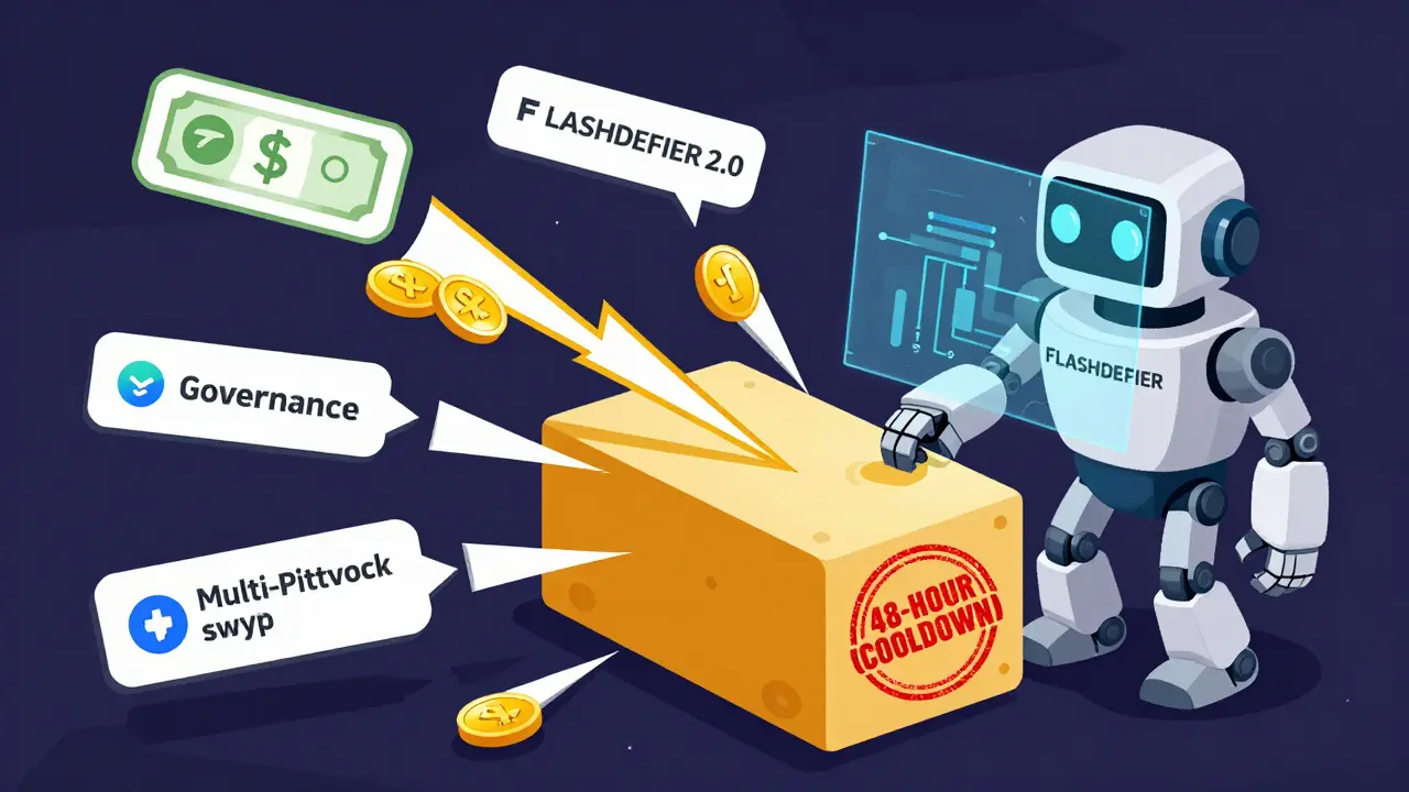 A blockchain block explodes with attack transactions, all stopped by a cooldown stamp and FlashDeFier 2.0 robot.