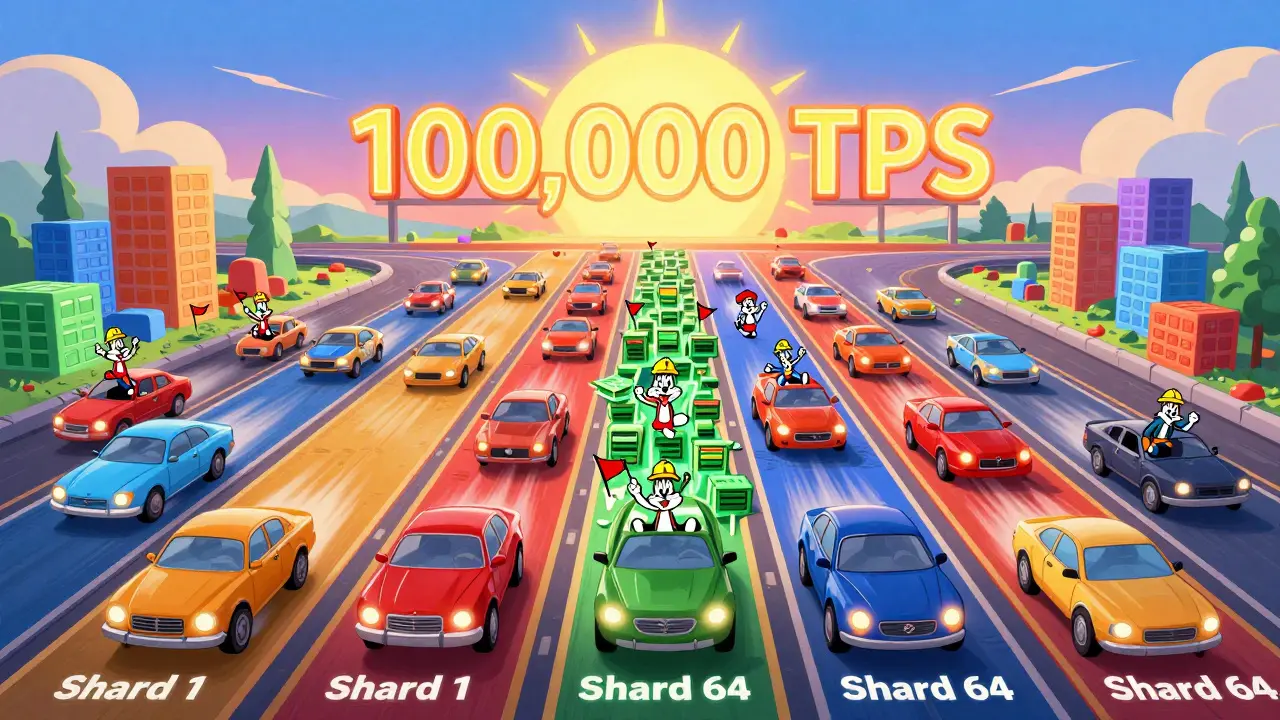 A blockchain highway splitting into 64 colorful parallel lanes, each with speeding cars and validators.
