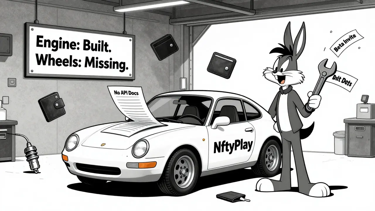A car with no wheels labeled NftyPlay, parked in a garage with a GitHub repo as a spark plug.