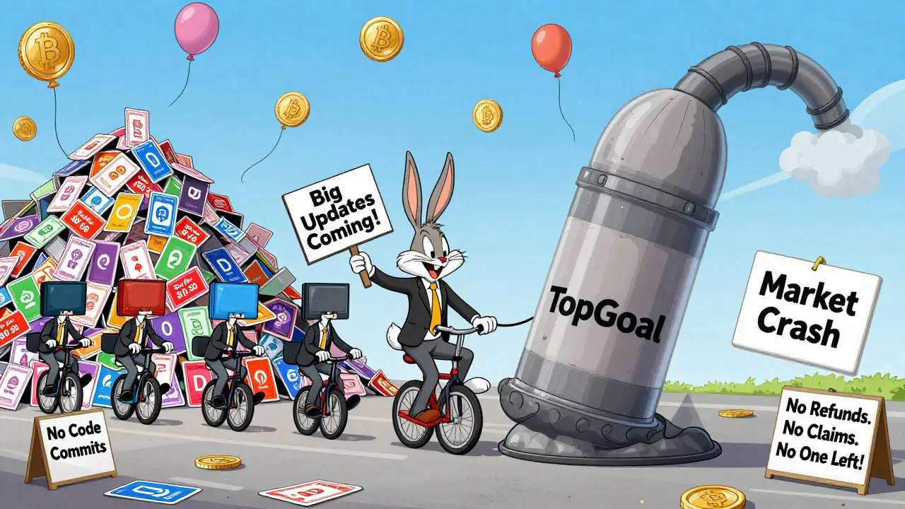 A cartoon CEO being dragged away by a 'Market Crash' vacuum as developers flee and NFTs pile up unused.