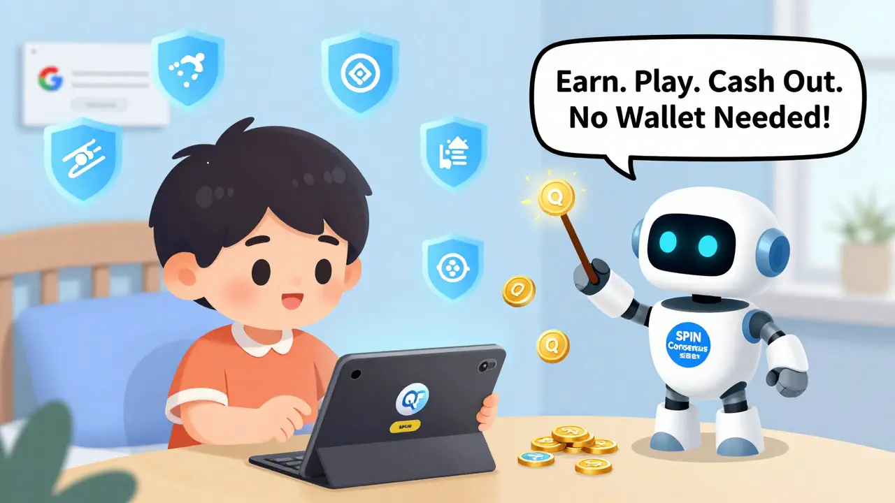 A child plays a mobile game and earns QF tokens via ads, with a robot using zero-knowledge shields to protect login data — no wallet needed.