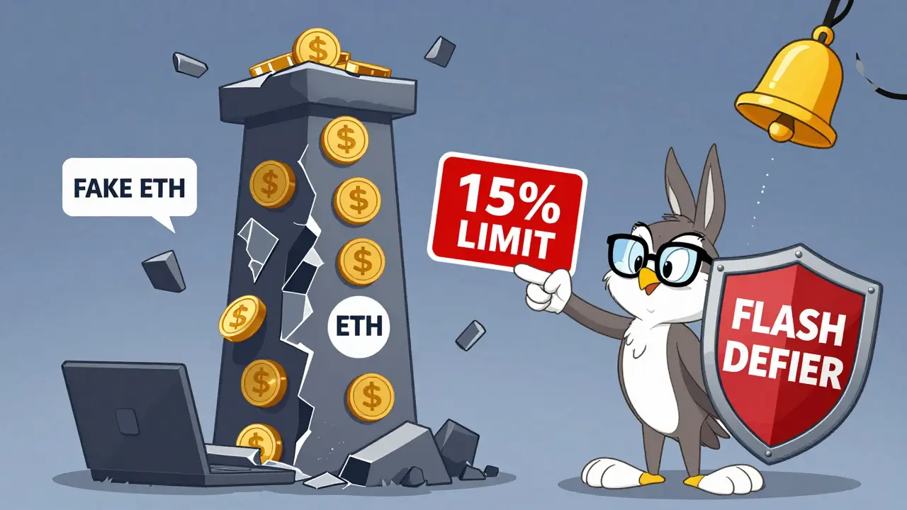 A DeFi tower is collapsing as fake collateral is swapped for real ETH, blocked by a TWAP oracle and FlashDeFier shield.