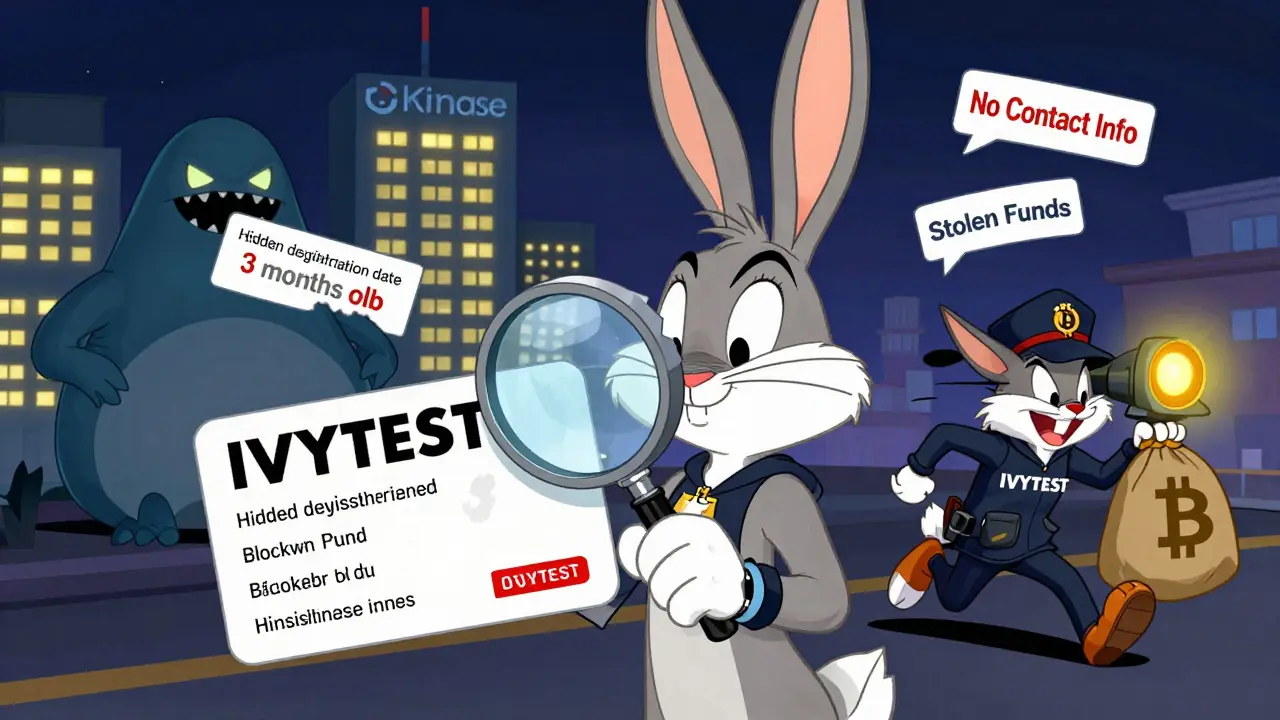 A detective rabbit examines a torn IVYTEST card with clues like 'no license' and 'hidden domain', while a coyote flees with stolen crypto.