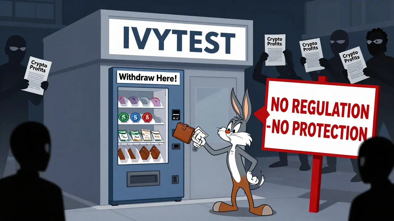 A fake crypto exchange building with no doors, a confused investor trapped at a vending machine that spits out empty wallets.
