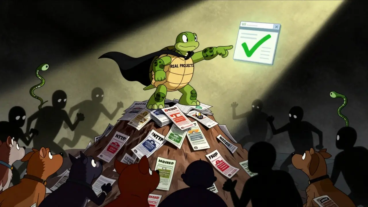A heroic turtle stands atop fake airdrop flyers while confused animals flee from scam bots.