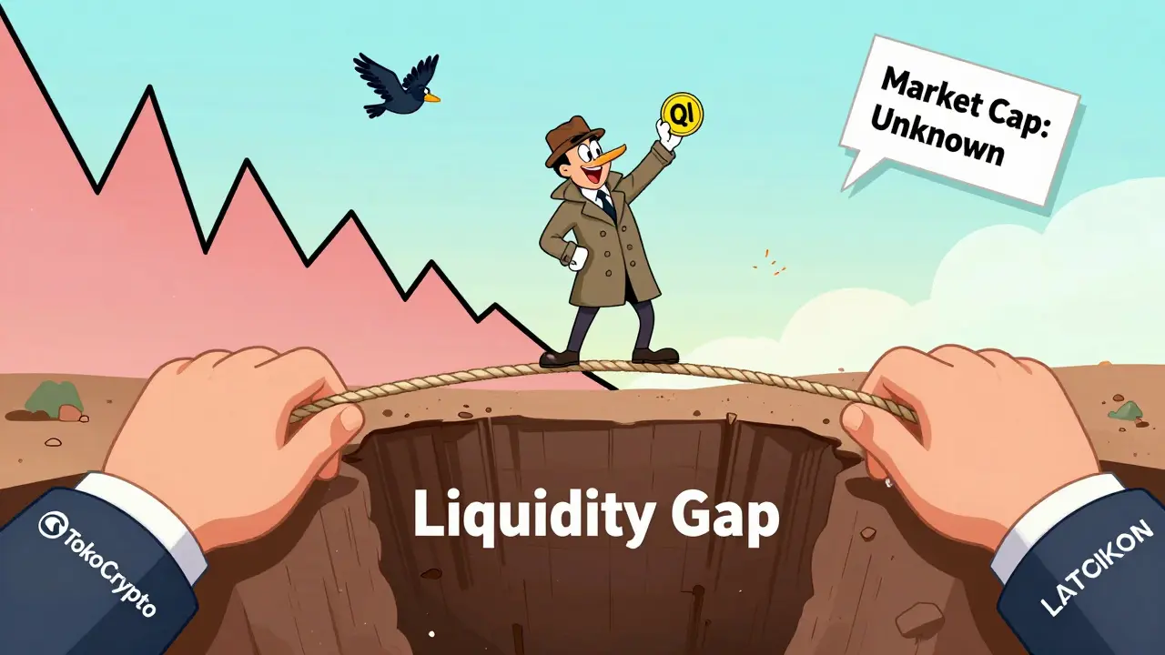 A lone trader balances on a plank over a liquidity gap as two hands pull a QI token’s price rope apart.