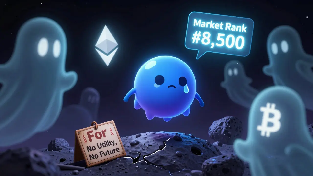 A lonely BLOB token floating in space, ignored by shining cryptocurrencies, with a low market rank sign.