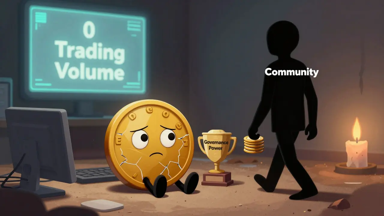 A lonely EDOGE token sits beside a broken governance trophy as the community walks away.