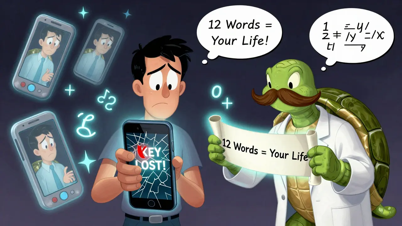 A man panics over a lost key while a wise turtle offers a recovery phrase scroll with glowing blockchain symbols.