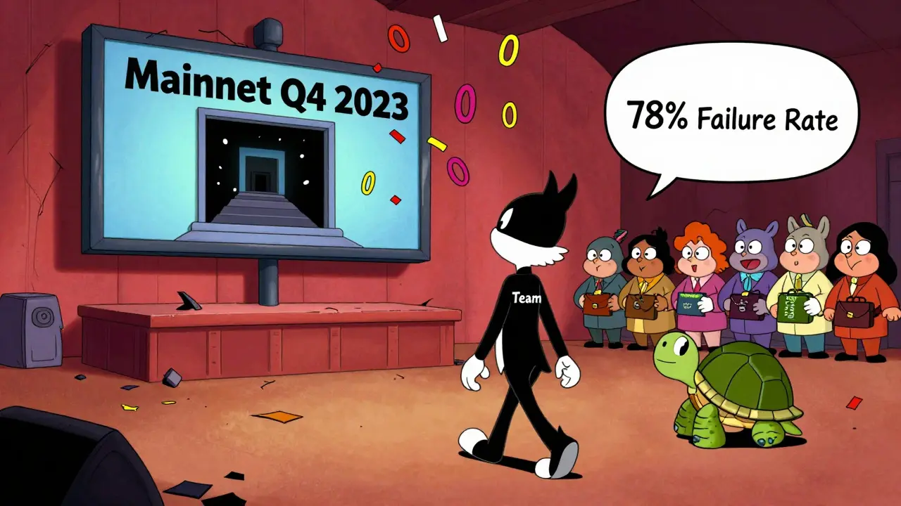 A masked figure walking away from a collapsed 'Mainnet Q4 2023' stage as confetti turns into zeros.