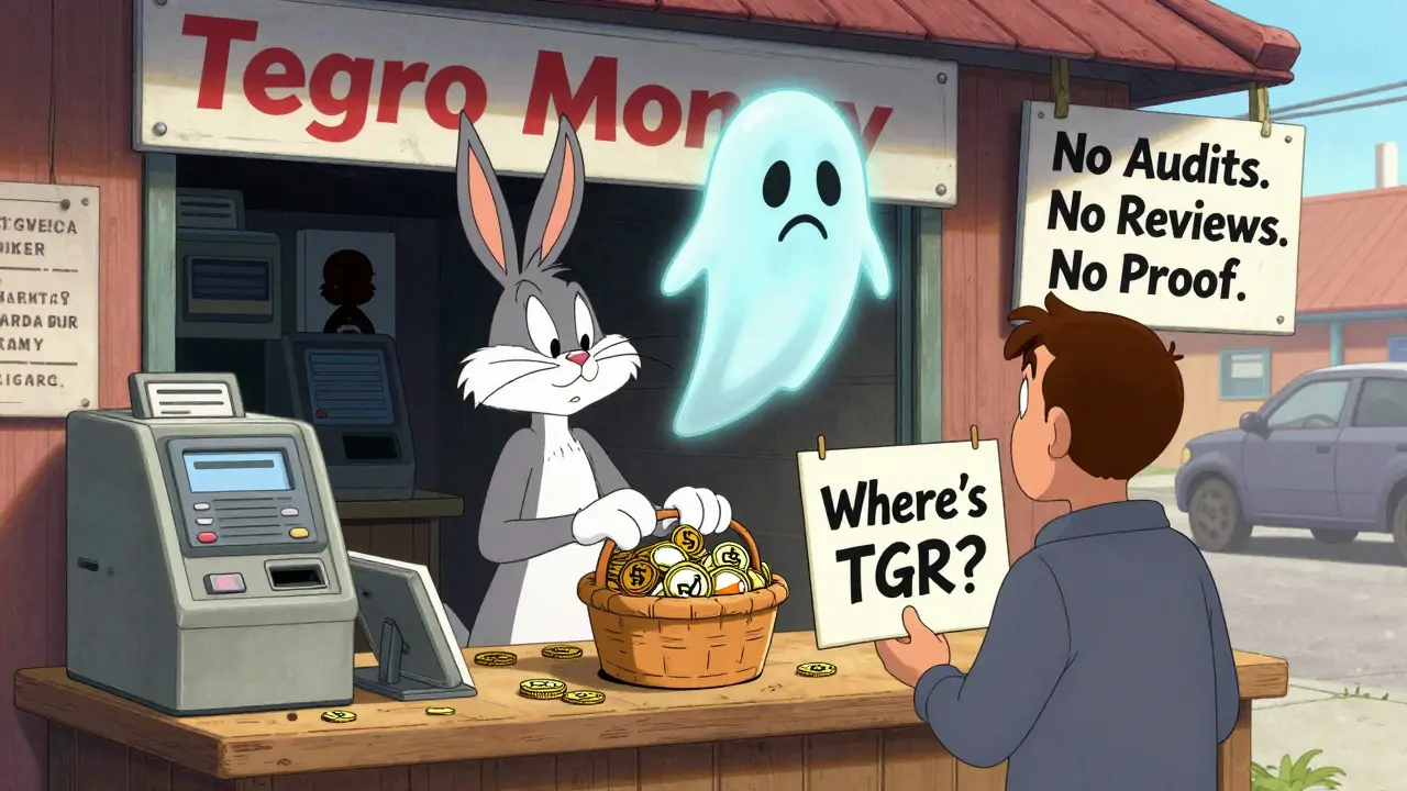 A merchant at a Tegro Money stand with confused customer and a ghostly TGR token floating above.