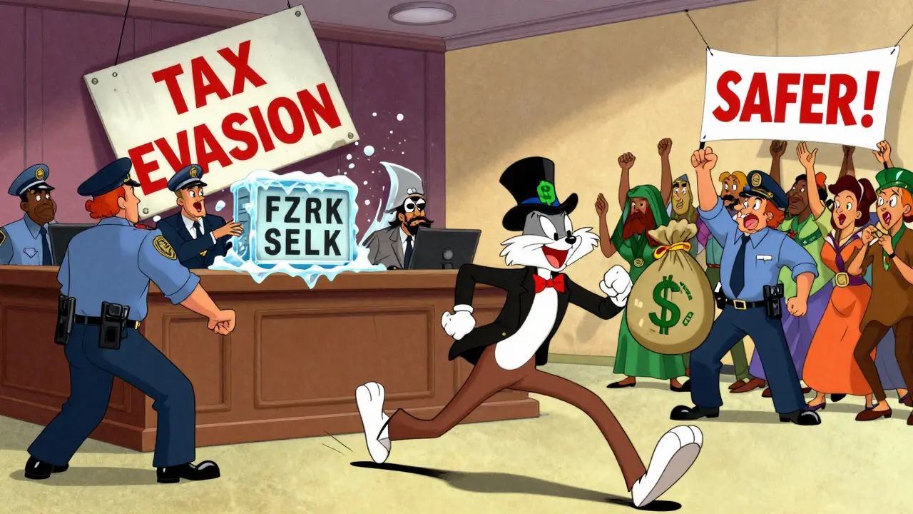 A Ponzi scheme boss is arrested as taxes collapse and a licensed exchange rises in a comedic courtroom scene.