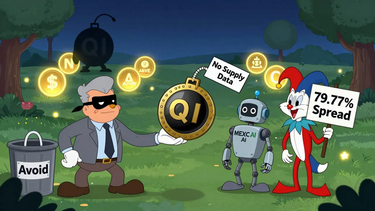 A QI token shaped like a ticking bomb is passed between a masked developer, an AI robot, and a jester holding a spread sign.