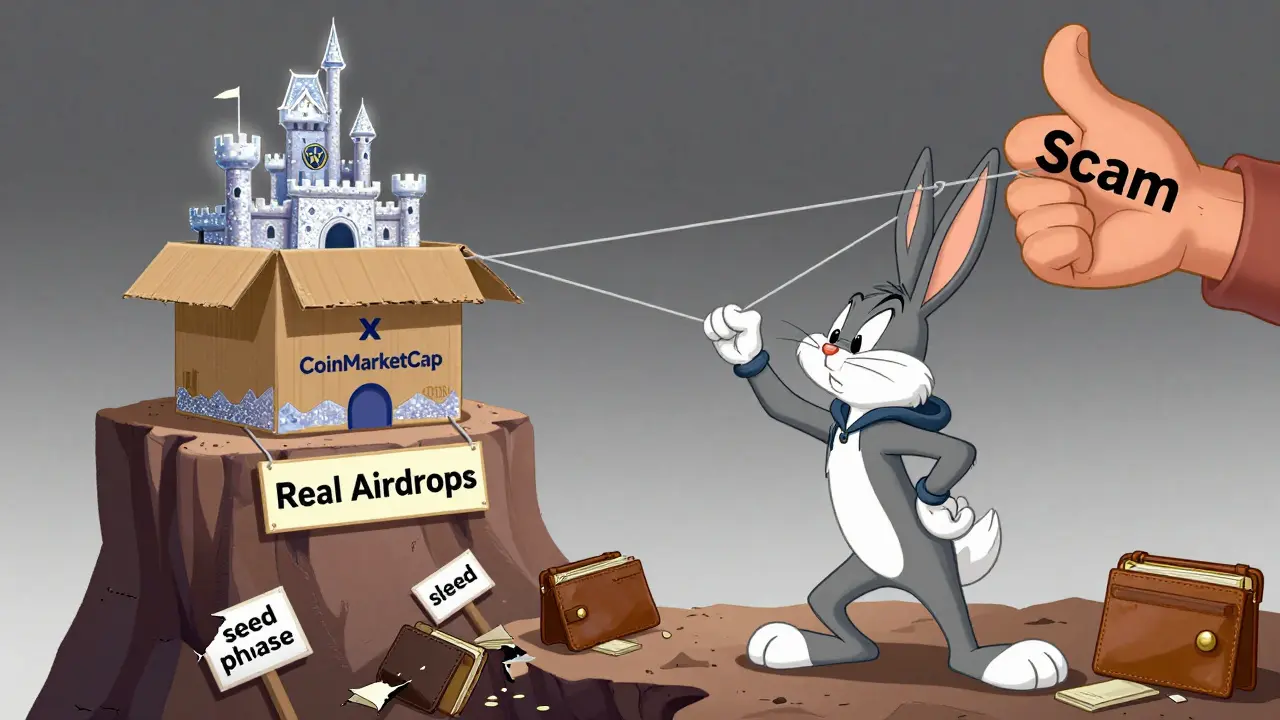 A rabbit stares at a fake airdrop castle made of cardboard, while a giant hand pulls the strings behind it.