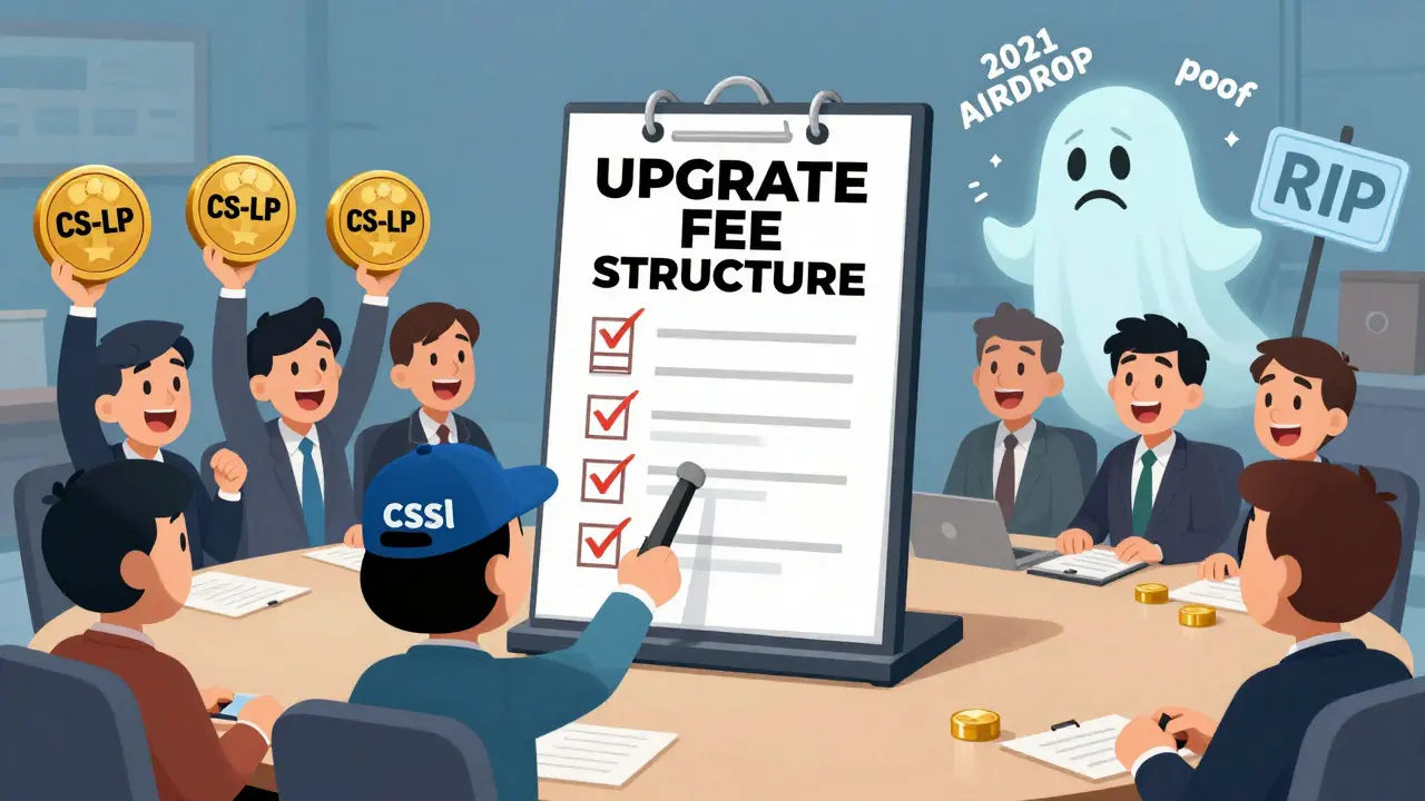 A trader voting on governance with CSSl tokens while a faded airdrop ghost disappears.
