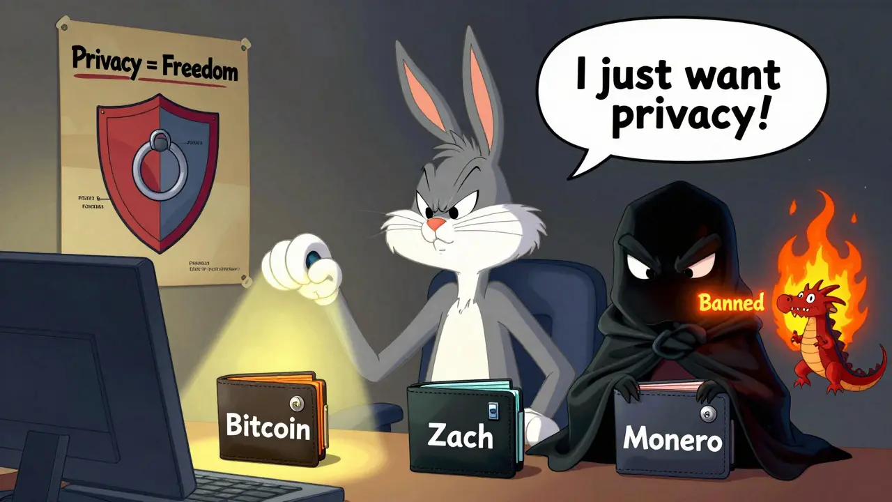 A user compares three wallets—Bitcoin, Zcash, Monero—with Monero wrapped in a cloak as a regulatory dragon threatens, in Looney Tunes style.