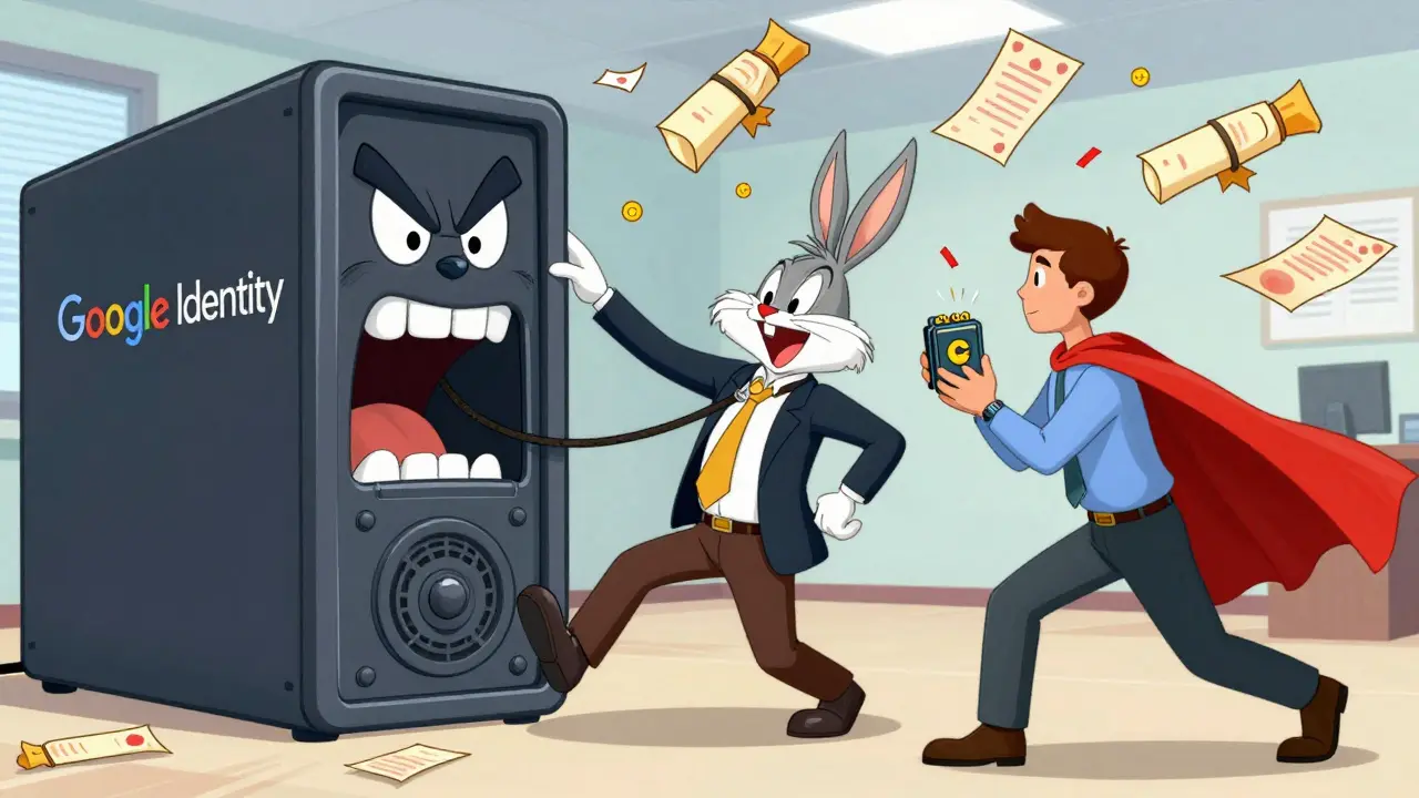 A user with a blockchain wallet outsmarts a giant server labeled 'Google Identity' in a chaotic office scene.