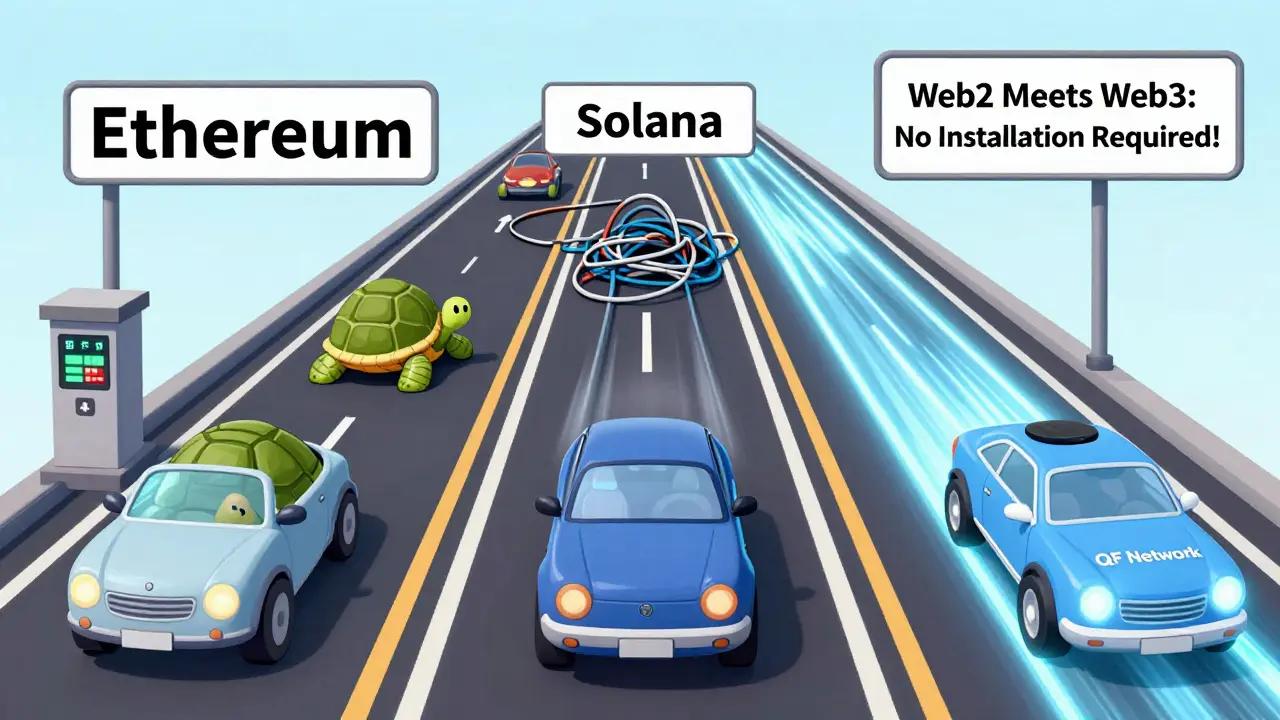 A whimsical blockchain highway with three lanes showing Ethereum, Solana, and QF Network, where QF zooms past with phone-shaped cars.