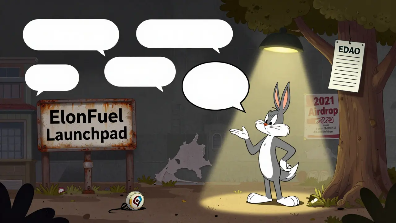 An abandoned crypto town with faded airdrop signs and a single voting ballot stuck in a tree.