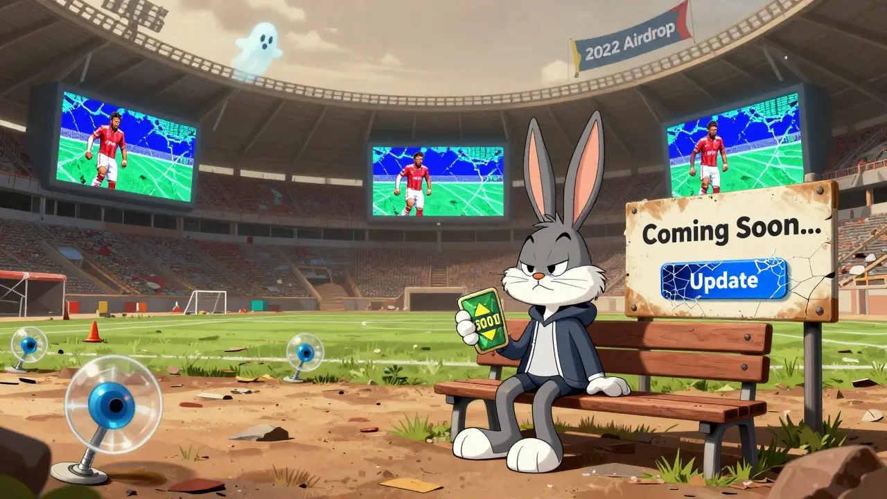 An abandoned football metaverse with static NFTs, a lonely character holding a worthless token, and faded 'Coming Soon' signs.